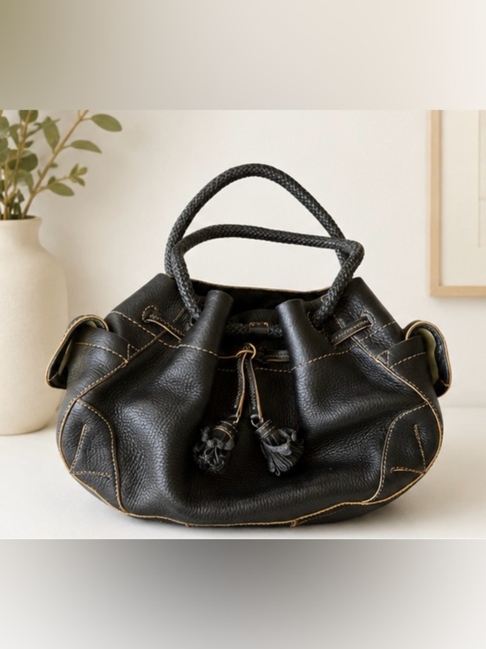 Cole Haan Black Leather Drawstring Tassel Shoulder Bag